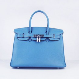 Hermes Birkin 30Cm Togo Leather Handbags Blue Silver